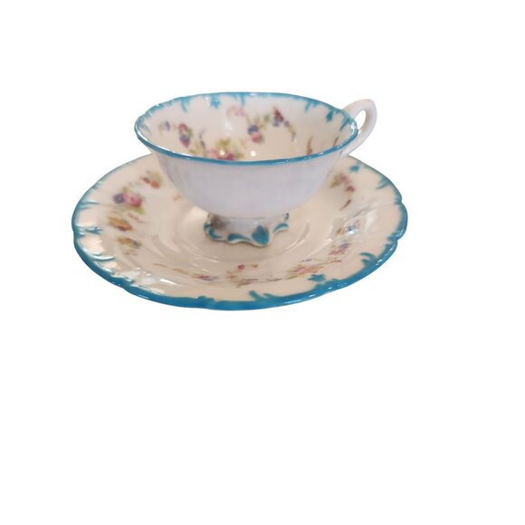 Vintage Cauldon demitasse teal accents, floral tea cup and saucer - Picture 5 of 5
